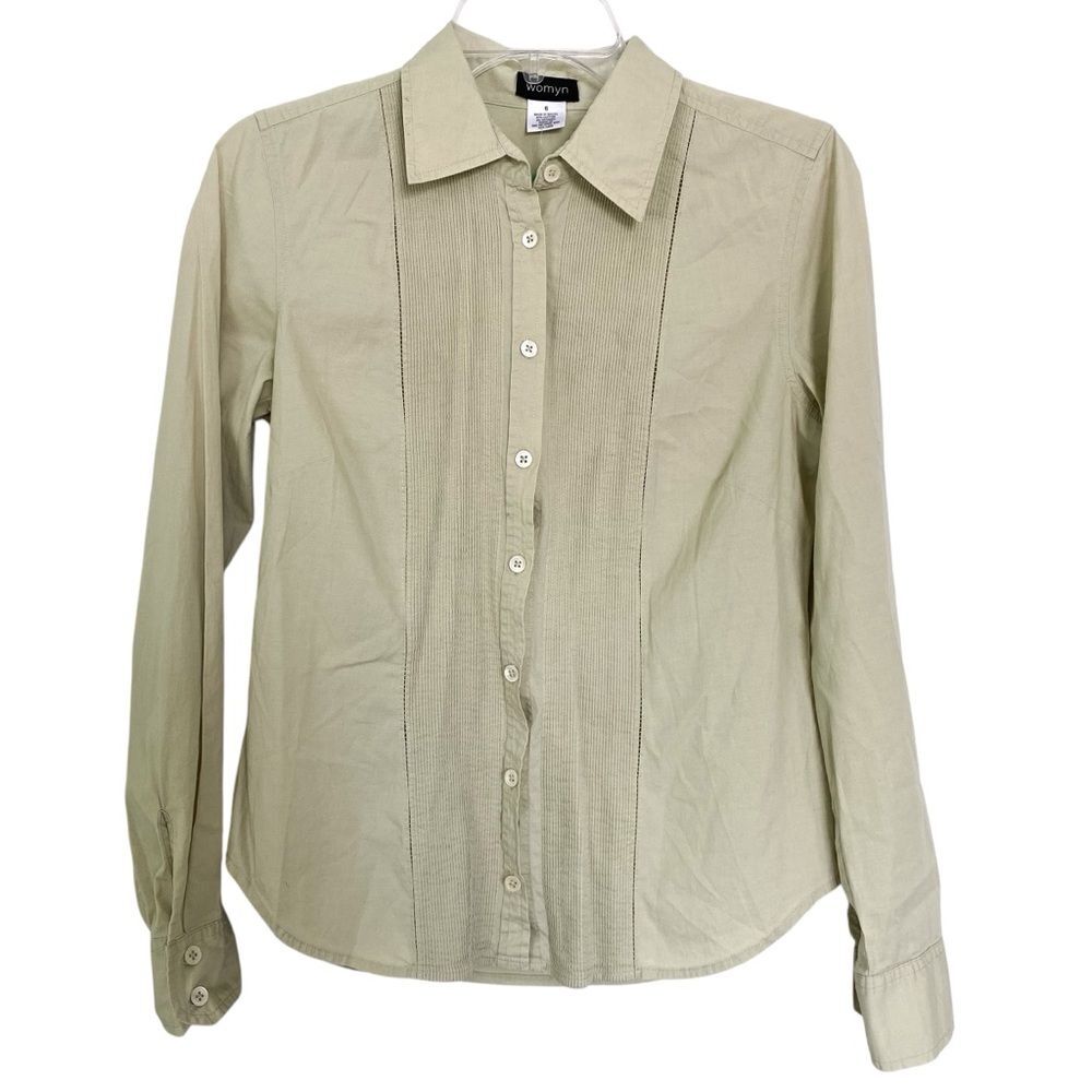 Womyn Vintage Washed Green Button Down Long Sleeve Blouse Size 6